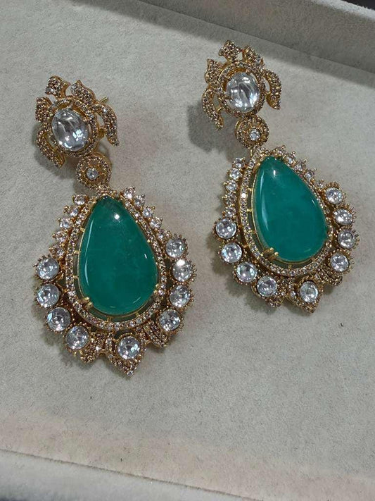 Gold Plated Emerald Green Statement Earrings, Teardrop CZ Dangle Earrings