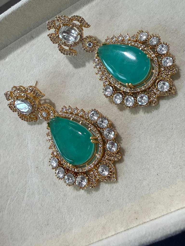 Gold Plated Emerald Green Statement Earrings, Teardrop CZ Dangle Earrings