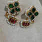 Gold Plated Floral Pearl Stud Earrings, Emerald Green & Ruby Red Designer Earrings