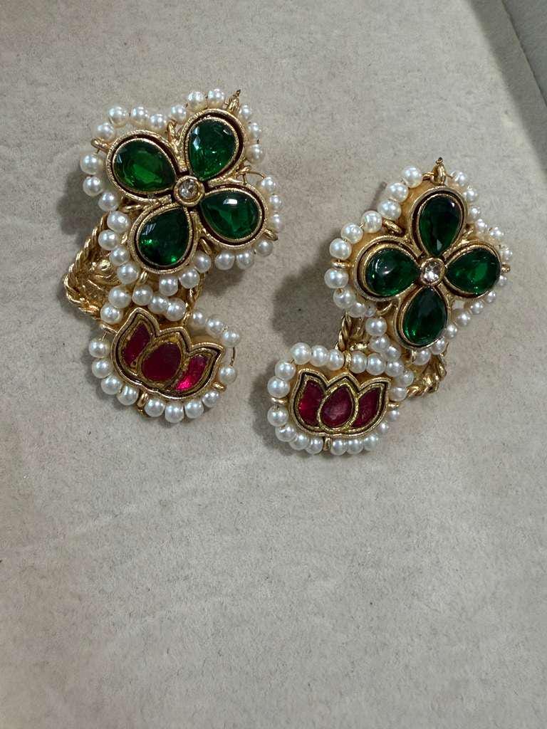 Gold Plated Floral Pearl Stud Earrings, Emerald Green & Ruby Red Designer Earrings