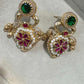 Gold Plated Floral Statement Earrings, Emerald Green & Ruby Red Pearl Dangle Earrings