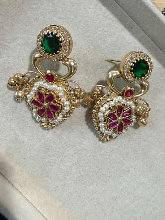 Gold Plated Floral Statement Earrings, Emerald Green & Ruby Red Pearl Dangle Earrings