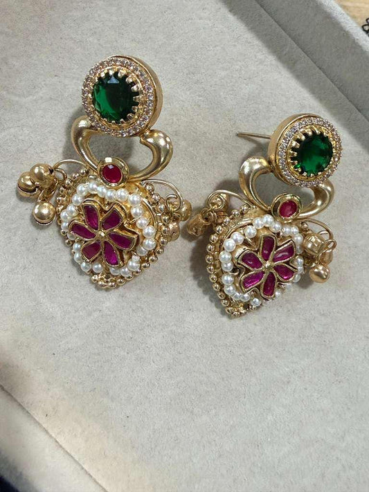 Gold Plated Floral Statement Earrings, Emerald Green & Ruby Red Pearl Dangle Earrings