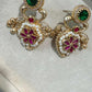 Gold Plated Floral Statement Earrings, Emerald Green & Ruby Red Pearl Dangle Earrings