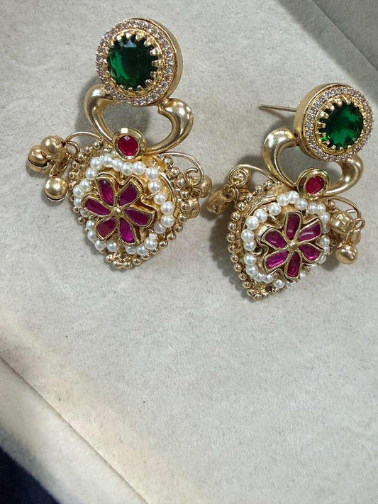 Gold Plated Floral Statement Earrings, Emerald Green & Ruby Red Pearl Dangle Earrings
