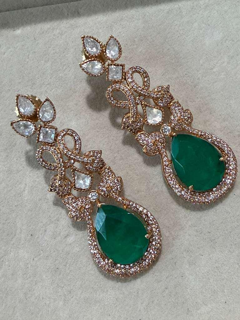 Gold Plated Emerald Green Teardrop Statement Earrings, Designer CZ Dangle Earrings