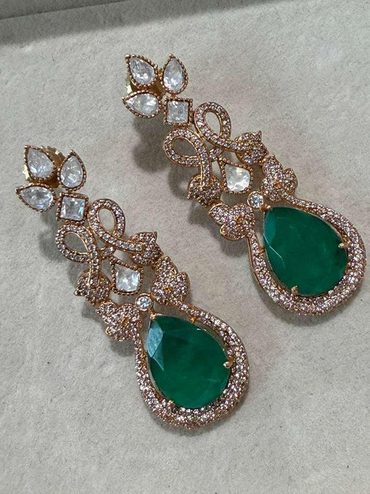 Gold Plated Emerald Green Teardrop Statement Earrings, Designer CZ Dangle Earrings