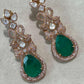 Gold Plated Emerald Green Teardrop Statement Earrings, Designer CZ Dangle Earrings