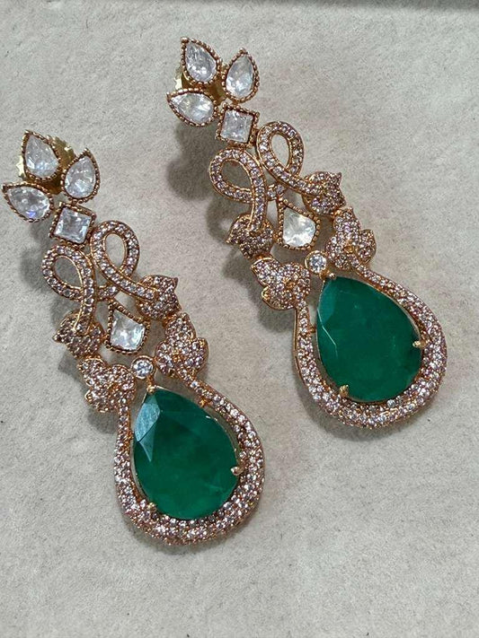 Gold Plated Emerald Green Teardrop Statement Earrings, Designer CZ Dangle Earrings