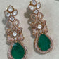 Gold Plated Emerald Green Teardrop Statement Earrings, Designer CZ Dangle Earrings