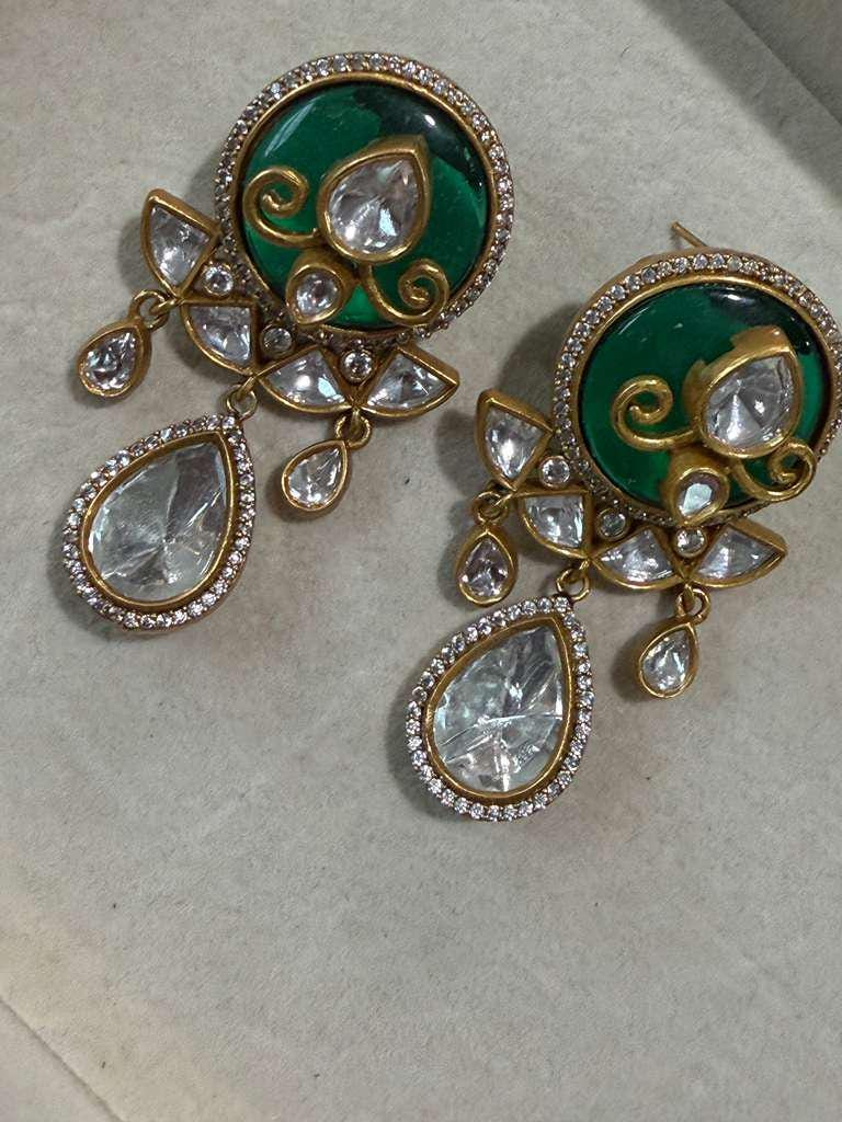 Gold Plated Green Statement Drop Earrings, Designer Kundan Style CZ Earrings