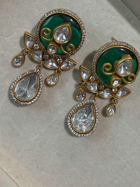 Gold Plated Green Statement Drop Earrings, Designer Kundan Style CZ Earrings