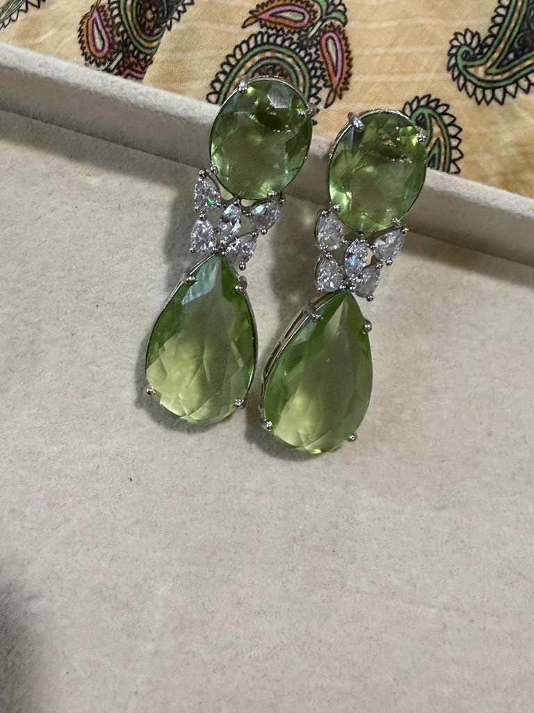 Silver Tone Green Drop Earrings, Faceted Pear Statement Earrings