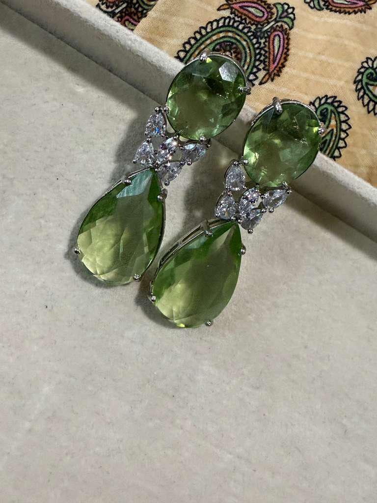 Silver Tone Green Drop Earrings, Faceted Pear Statement Earrings