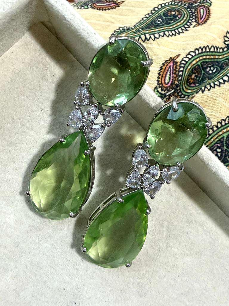 Silver Tone Green Drop Earrings, Faceted Pear Statement Earrings
