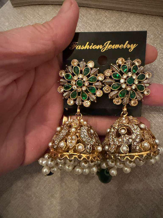 Emerald Green Jhumka Earrings, Gold Tone Indian Statement Earrings, Pearl Drop Jhumki