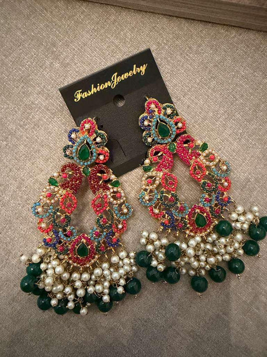 Multicolor Kundan Chandbali Earrings, Pakistani Bridal Earrings, Indian Wedding Jewelry
