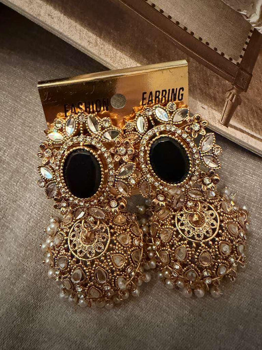 Black Stone Kundan Jhumka Earrings, Pearl Drop Statement Earrings, Indian Pakistani Bridal Jewelry