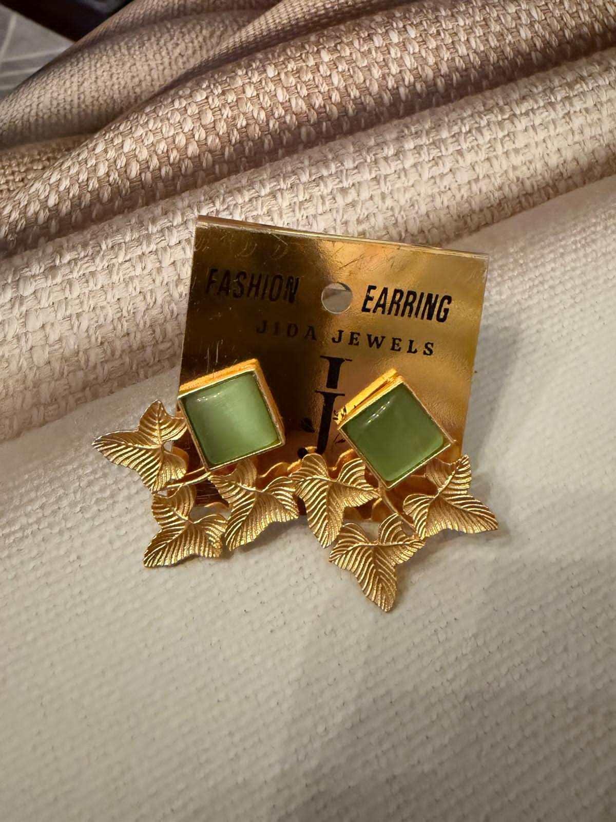 Gold Tone Leaf Stud Earrings, Green Stone Botanical Earrings, Minimalist Nature Jewelry