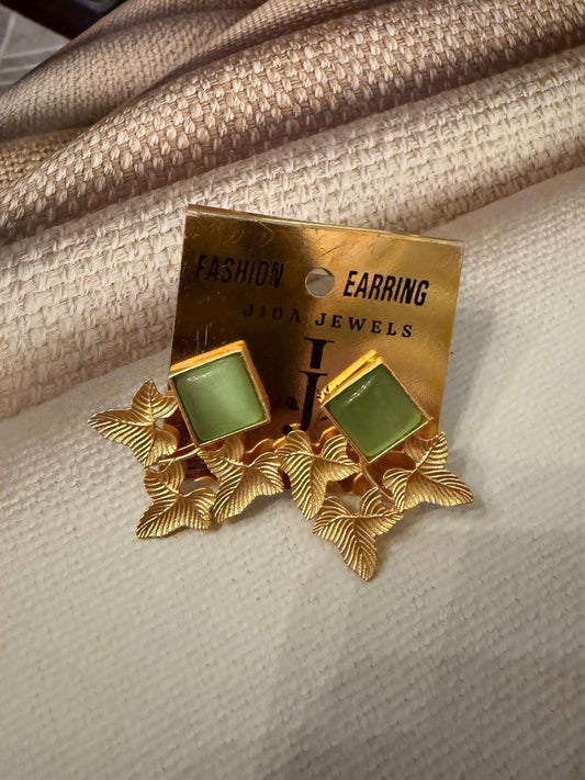 Gold Tone Leaf Stud Earrings, Green Stone Botanical Earrings, Minimalist Nature Jewelry