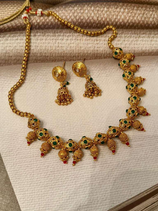 Traditional Gold Tone Choker Necklace Set, Green Stone Bridal Jewelry Set