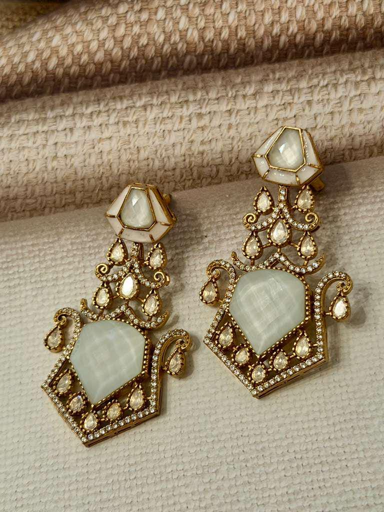 White Ivory Geometric Statement Drop Earrings, Gold Tone Alloy, Rhinestones