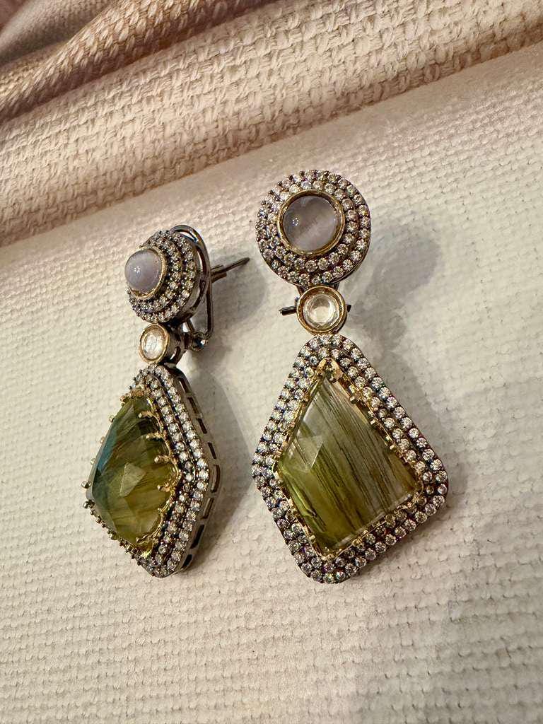 Green Gemstone Drop Earrings, Vintage Statement Dangle Earrings