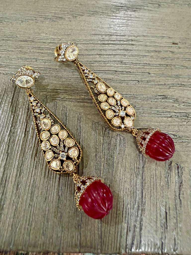 Ruby Red Drop Earrings, Vintage Gold Tone Statement Earrings, Kundan Style Bridal Dangle
