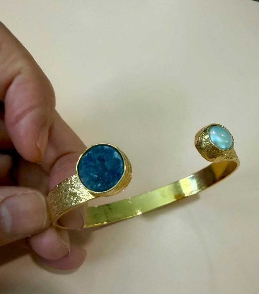 Gold Plated Gemstone Cuff Bracelet, Blue Stone Open Bangle, Minimalist Adjustable Bracelet