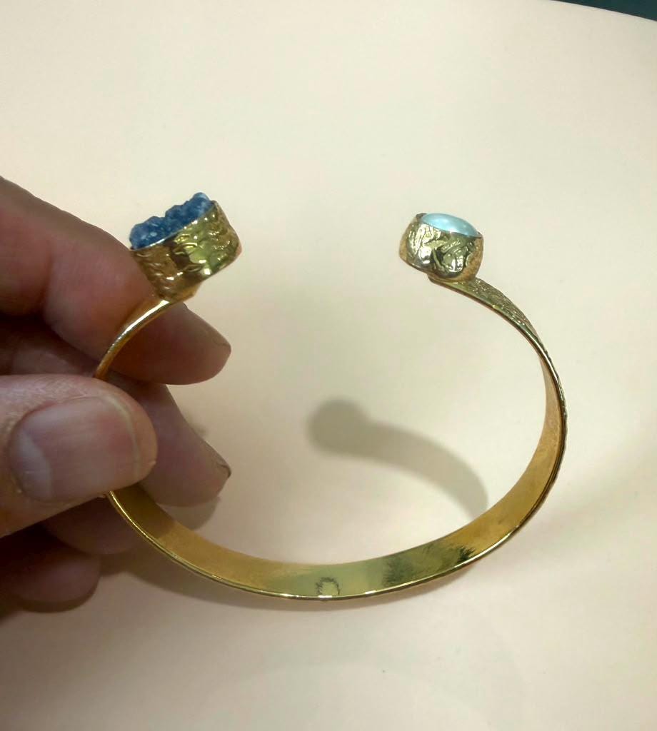 Gold Plated Gemstone Cuff Bracelet, Blue Stone Open Bangle, Minimalist Adjustable Bracelet