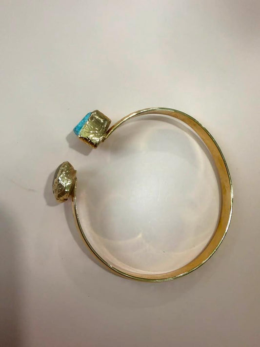 Gold Plated Natural Gemstone Cuff Bracelet, Adjustable Open Bangle