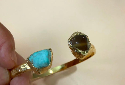 Gold Plated Natural Gemstone Cuff Bracelet, Adjustable Open Bangle