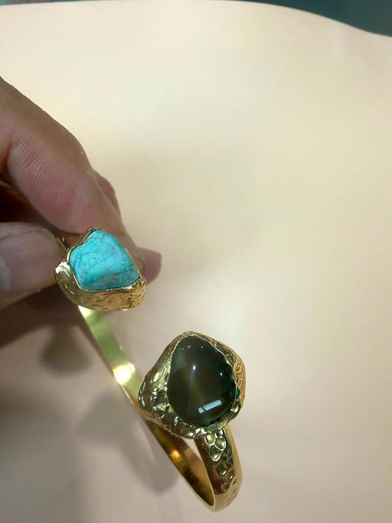 Gold Plated Natural Gemstone Cuff Bracelet, Adjustable Open Bangle