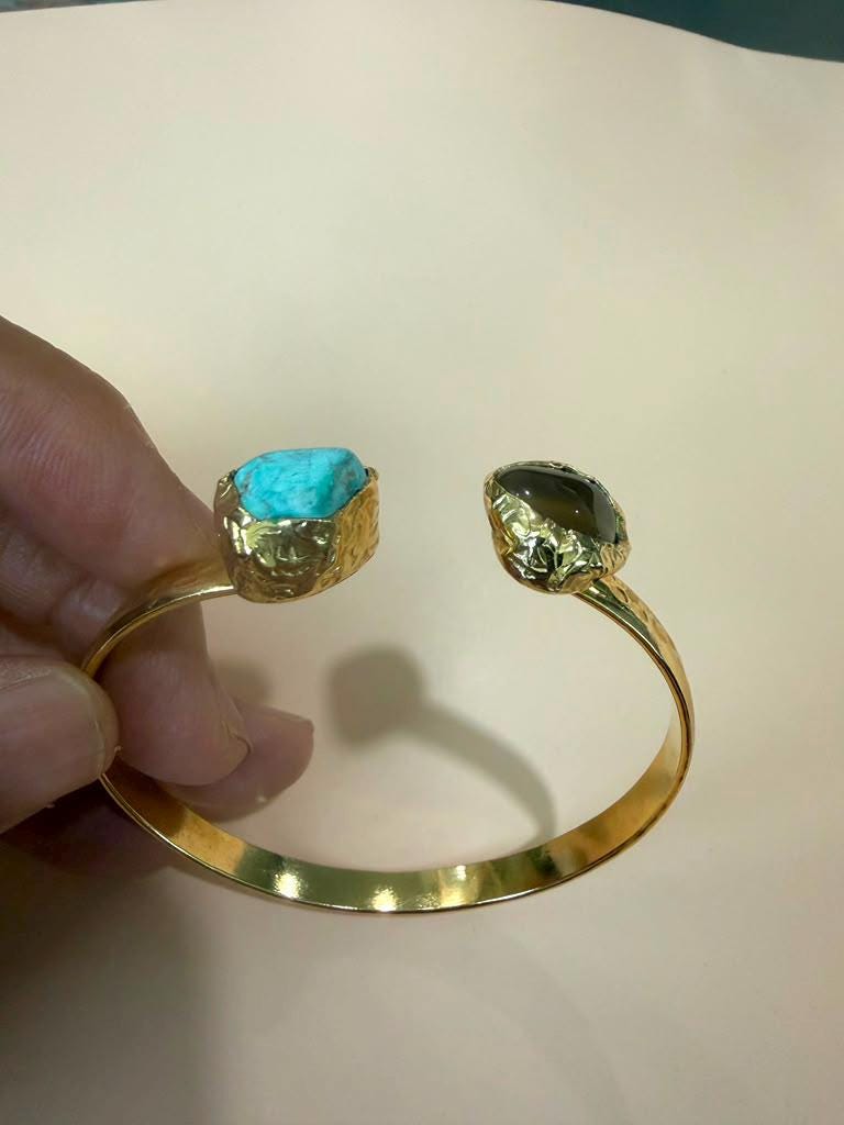 Gold Plated Natural Gemstone Cuff Bracelet, Adjustable Open Bangle