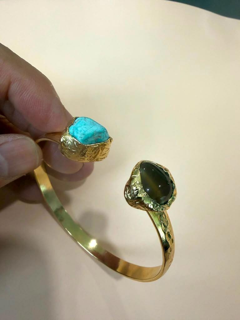 Gold Plated Natural Gemstone Cuff Bracelet, Adjustable Open Bangle