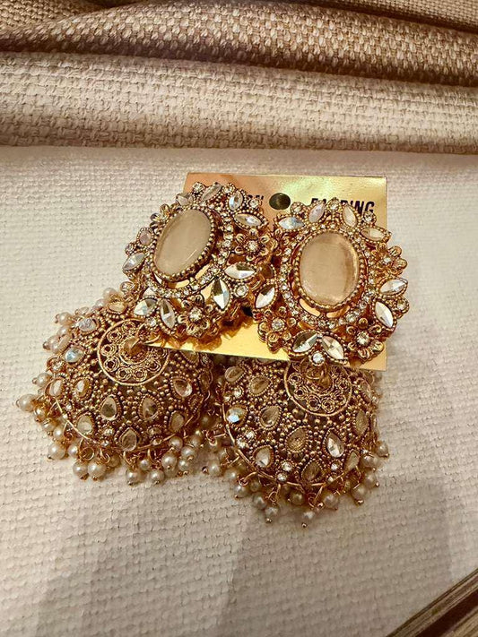 Kundan Style Jhumka Earrings, Gold Tone Bridal Statement Earrings