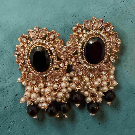 Black Pearl Floral Statement Earrings, Rose Gold Earrings, Indian Party , Wedding Jewelry