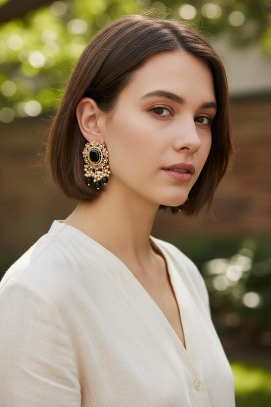 Black Pearl Floral Statement Earrings, Rose Gold Earrings, Indian Party , Wedding Jewelry