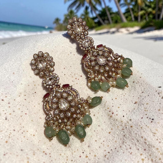 Mint Green Chandbali Earrings, Gold Plated Statement Earrings