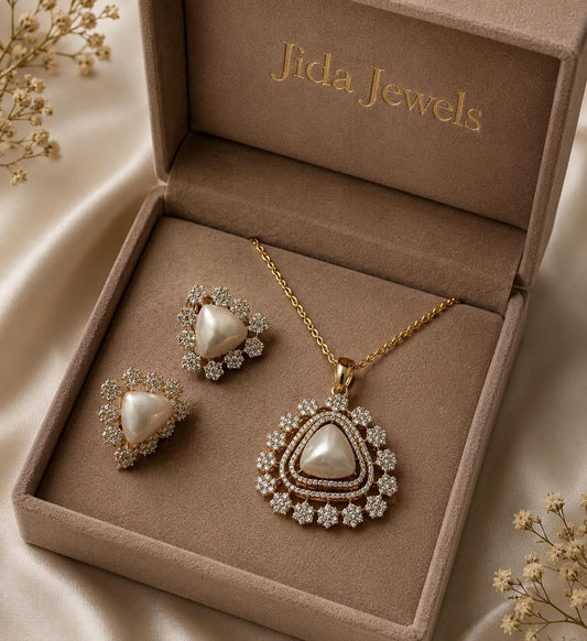 Gold Plated Pearl Pendant Set, CZ Pendant Necklace with Studs, chain included