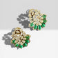 Emerald Green Floral Stud Earrings, Gold Tone Statement Earrings