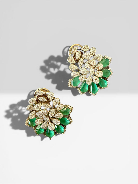 Emerald Green Floral Stud Earrings, Gold Tone Statement Earrings