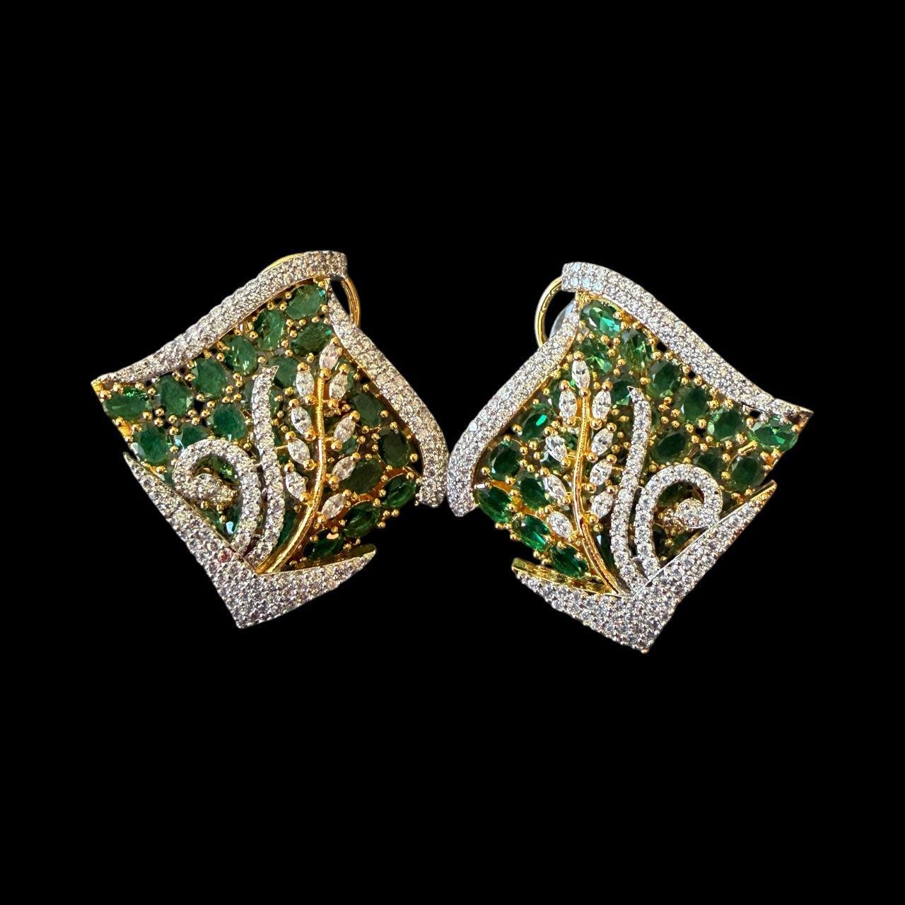 Emerald Green Leaf Stud Earrings, Gold Tone Statement Earrings, Nature Inspired Bridal Jewelry