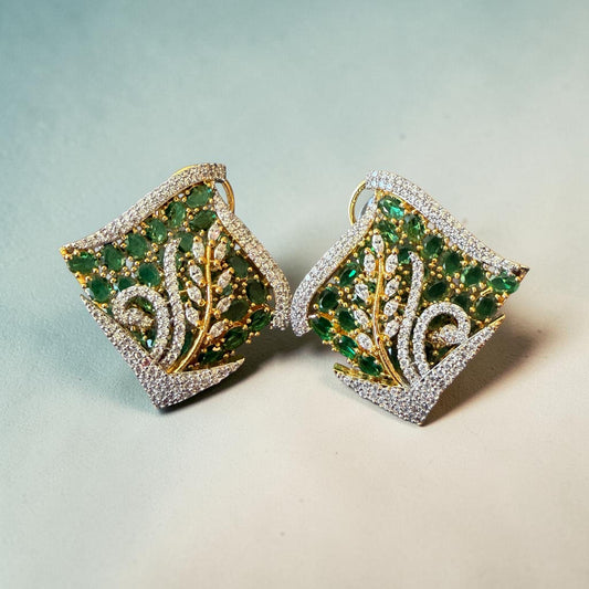 Emerald Green Leaf Stud Earrings, Gold Tone Statement Earrings, Nature Inspired Bridal Jewelry