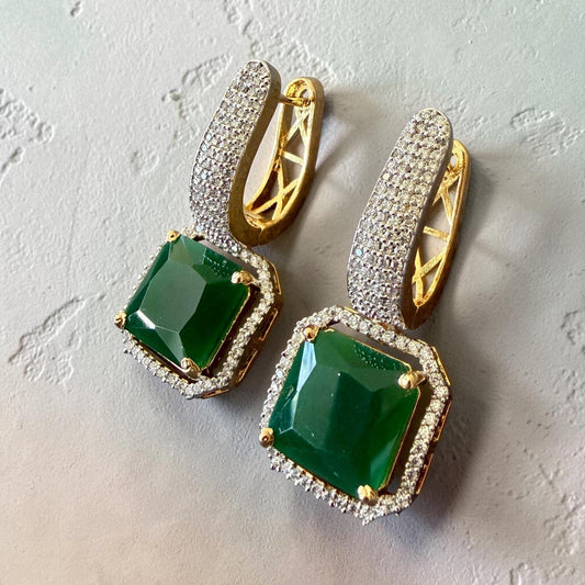 Emerald Green Drop Earrings, Gold Tone Hoop Earrings, Square Statement Bridal Jewelry