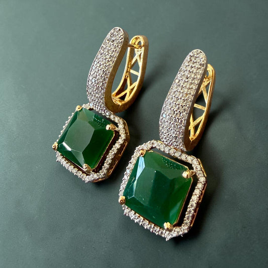 Emerald Green Drop Earrings, Gold Tone Hoop Earrings, Square Statement Bridal Jewelry