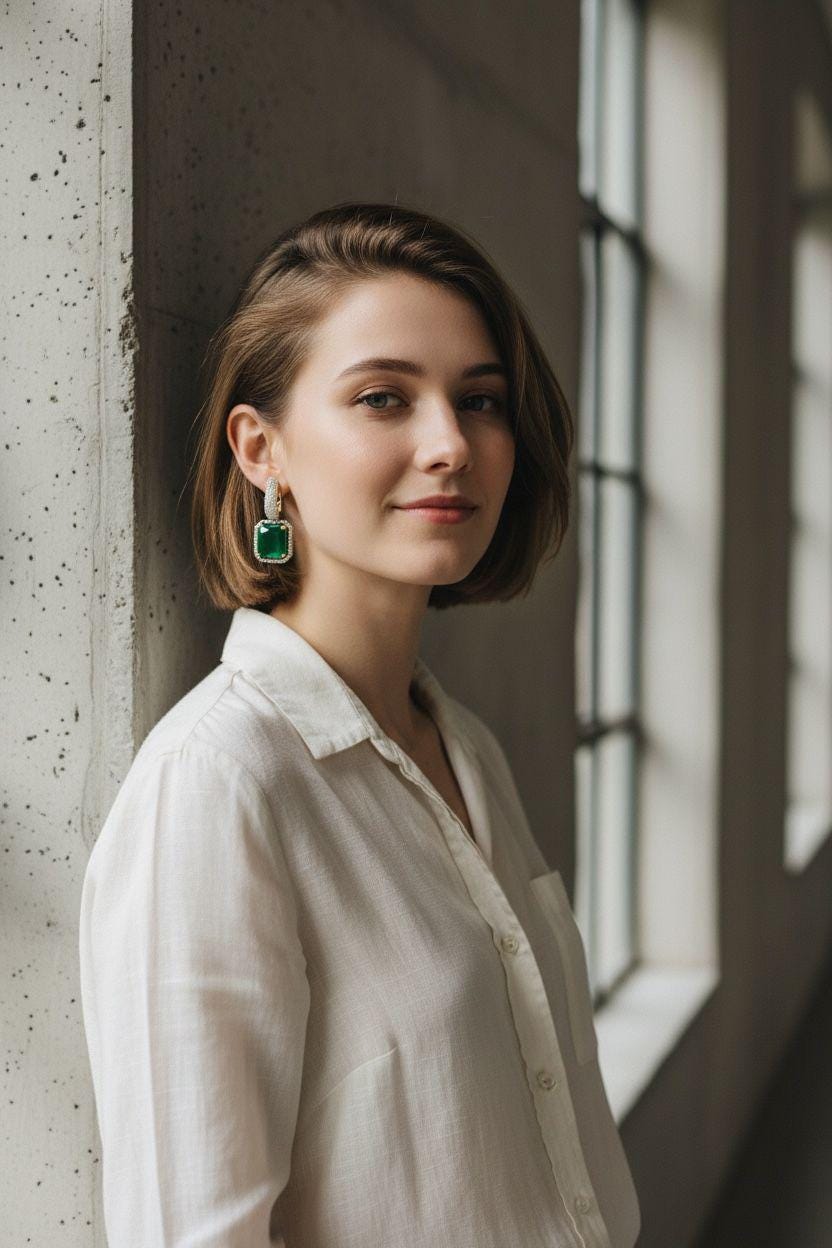 Emerald Green Drop Earrings, Gold Tone Hoop Earrings, Square Statement Bridal Jewelry