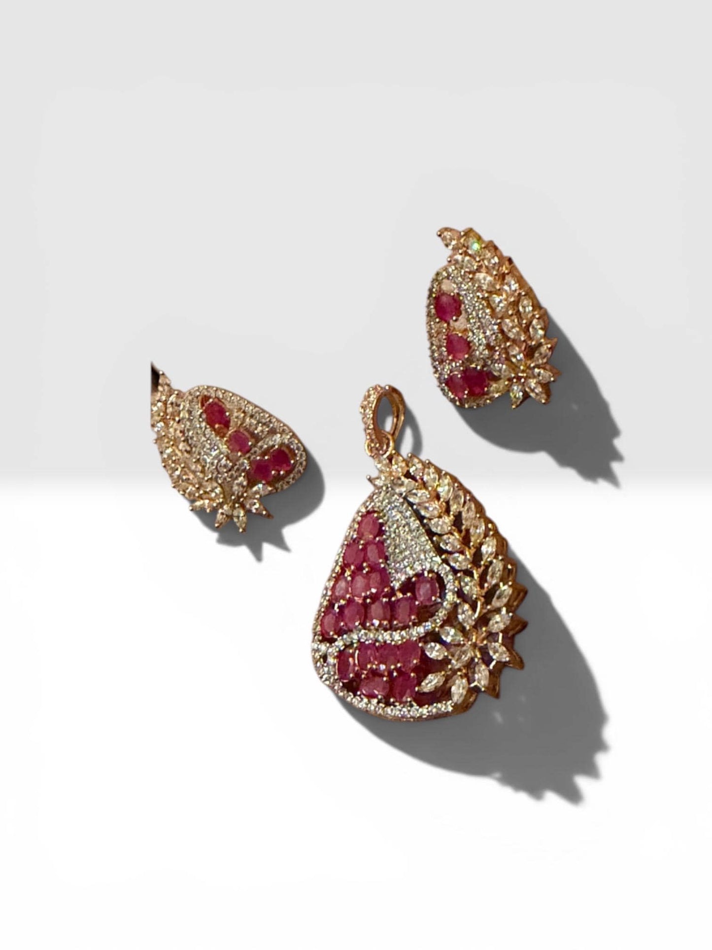 Gold Plated Ruby Pendant Set, CZ Pendant Necklace with Stud Earrings