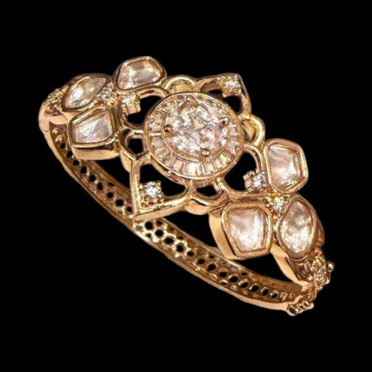 Gold Plated Floral Kundan Style Bracelet, Statement Cuff Bracelet