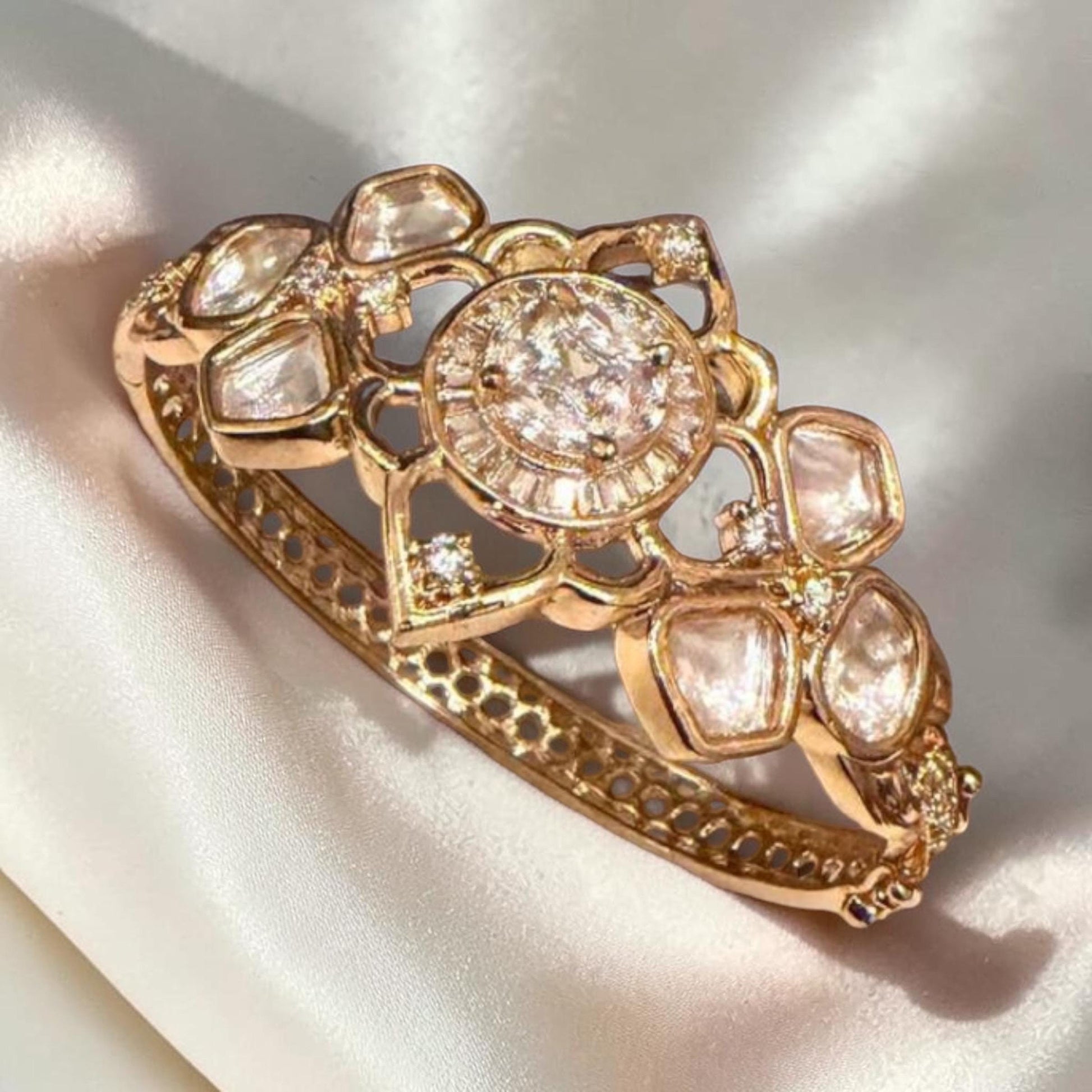 Gold Plated Floral Kundan Style Bracelet, Statement Cuff Bracelet